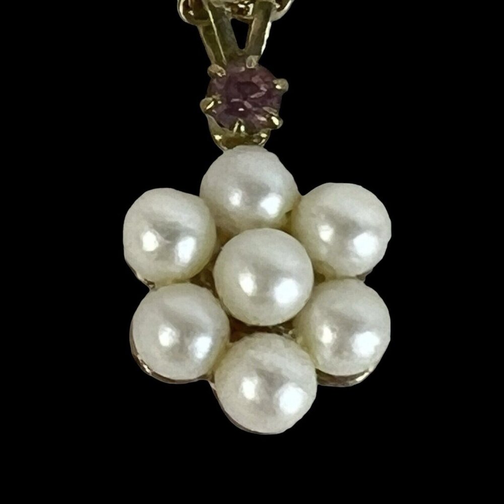 Avon Faux Pearl Cluster Necklace February Purple Birthstone Flower Pendant VTG